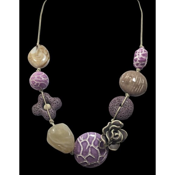 Cottagecore Floral Purple And Grey Mixed Media Statement Necklace - Picture 2 of 6